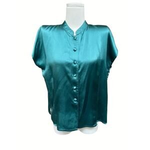 Dorman 100% Silk Teal Mandarin Collar Button Down Dolman Slv Blouse Shirt Sz L